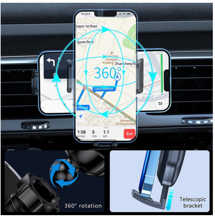Telefono laikiklis automobiliui su tvirtu tvirtinimu prie ventiliacijos grotelių, pasukamas 360° kampu